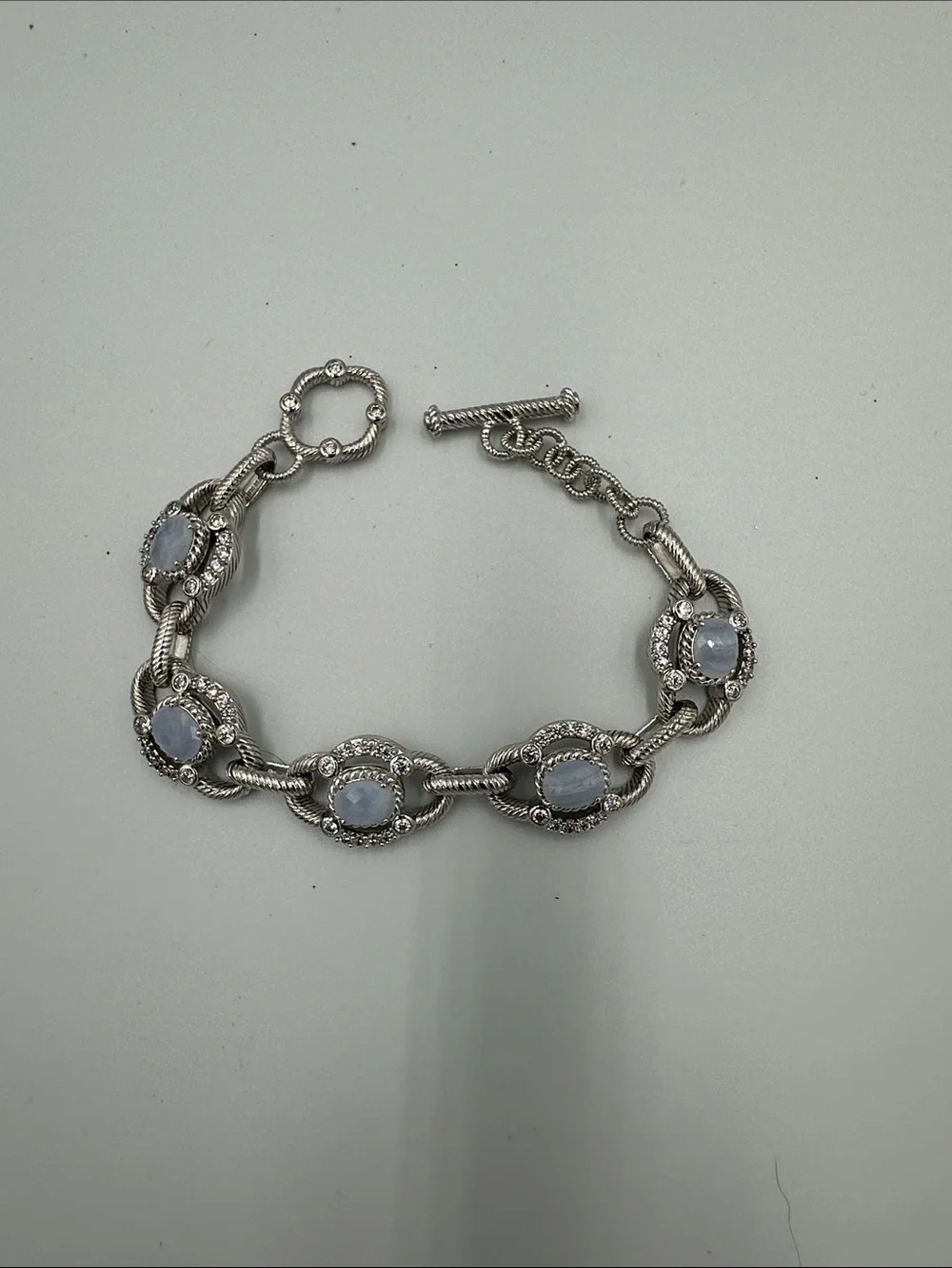 Judith Ripka 925 Sterling Silver Cable Links Toggle Stones CZ Bracelet